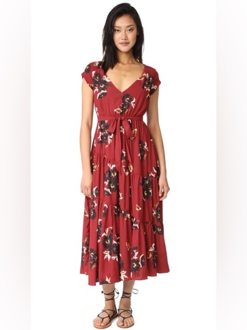 Free People All I Got Printed Maxi Dress Red Floral Tie Waist NWT 0